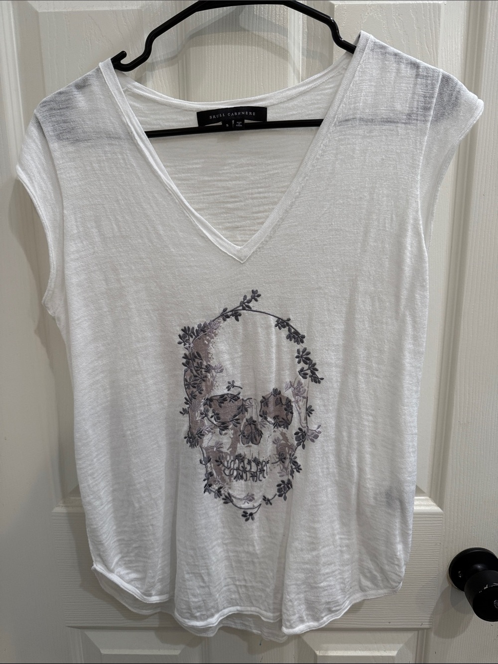 Skull Cashmere White V-Neck Tank with Floral Skull Motif